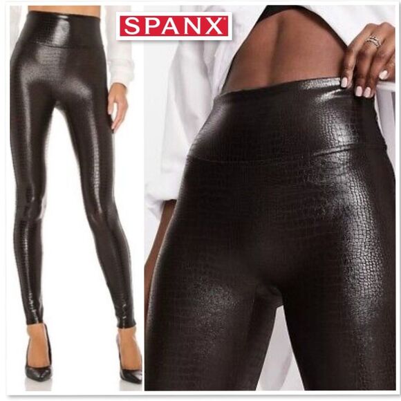NWT SPANX Faux Leather Croc Shine Leggings M High Rise Brown Black 20303R Pants - Picture 1 of 16